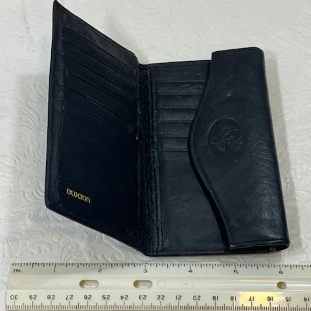 VTG Buxton Black Cowhide Leather Trifold Wallet Credit Card Slots 5.5
